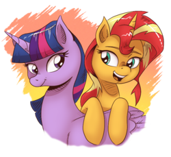 Size: 800x733 | Tagged: safe, artist:saturdaymorningproj, sunset shimmer, twilight sparkle, alicorn, pony, unicorn, g4, duo, female, mare, simple background, transparent background, twilight sparkle (alicorn)