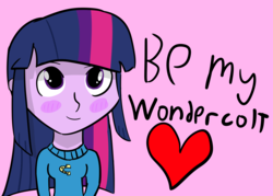 Size: 2706x1941 | Tagged: safe, artist:artiks, twilight sparkle, equestria girls, g4, heart, holiday, looking at you, talking to viewer, valentine's day, wondercolts uniform