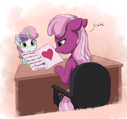 Size: 2250x2113 | Tagged: safe, artist:vanillaghosties, cheerilee, sweetie belle, earth pony, pony, unicorn, g4, bitch, card, chair, cheerilee is not amused, dead inside, desk, dialogue, duo, female, filly, high res, insult, levitation, magic, mare, open mouth, paper, poor cheerilee, pun, sitting, sweetie fail, teacher and student, telekinesis, unamused, valentine's day card