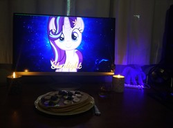Size: 4208x3120 | Tagged: safe, starlight glimmer, pony, unicorn, g4, alcohol, blueberry, candle, food, holiday, irl, pancakes, photo, solo, valentine, valentine's day, waifu dinner, whiskey