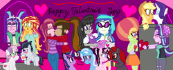 Size: 3325x1363 | Tagged: safe, artist:ktd1993, applejack, aria blaze, dj pon-3, octavia melody, rarity, rumble, starlight glimmer, sunset shimmer, sweetie belle, tree hugger, trixie, twilight sparkle, vinyl scratch, oc, oc:contralto, oc:cupcake slash, oc:curse word, oc:magpie, human, equestria girls, g4, disguised siren, female, holiday, kiss on the lips, kissing, lesbian, male, oc x oc, ship:rarijack, ship:rumbelle, ship:sunblaze, ship:twixie, shipping, starhugger, straight, valentine's day