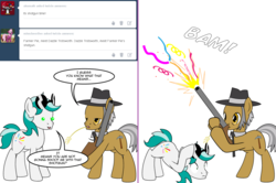 Size: 1204x800 | Tagged: safe, artist:dekomaru, igneous rock pie, oc, oc:dazzle, earth pony, pony, tumblr:ask twixie, g4, ask, comic, confetti, gun, male, shotgun, stallion, tumblr, weapon