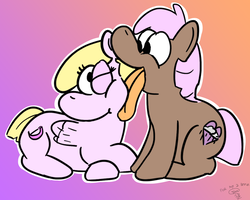 Size: 2500x2000 | Tagged: safe, artist:teletom, oc, oc only, oc:ashe, oc:wet paint, earth pony, pegasus, pony, cartoon, couple, cute, gradient background, high res, lying down, mlem, silly, sitting, tongue out