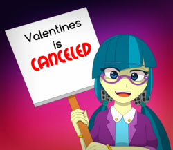Size: 1440x1252 | Tagged: safe, artist:fantasygerard2000, juniper montage, equestria girls, g4, clothes, female, glasses, grammar error, holiday, looking at you, shirt, sign, smiling, solo, valentine's day