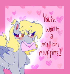 Size: 500x531 | Tagged: safe, artist:cubbybatdoodles, derpy hooves, pegasus, pony, g4, blushing, envelope, exclamation point, female, heart, heart background, hearts and hooves day, holiday, solo, valentine's day, valentine's day card, wings