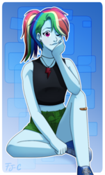 Size: 600x993 | Tagged: safe, artist:fj-c, rainbow dash, human, equestria girls, g4, clothes, cutie mark accessory, cutie mark necklace, ear piercing, earring, female, jewelry, lips, looking at you, midriff, necklace, one eye closed, piercing, ponytail, shorts, sitting, smiling, solo, tank top, tomboy, trainers, wink