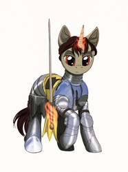 Size: 1414x1896 | Tagged: safe, artist:lunebat, oc, oc only, oc:blas ruis, pony, armor, colt, male, solo, sword, weapon