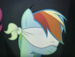 Size: 4032x3024 | Tagged: safe, screencap, rainbow dash, pegasus, pony, daring done?, g4, blindfold, cropped, female, mare, solo