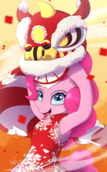Size: 1200x1920 | Tagged: dead source, safe, artist:laptop-pone, pinkie pie, earth pony, pony, g4, armpits, cheongsam, chinese new year, clothes, cute, diapinkes, female, lion dance, looking at you, mare, smiling, solo