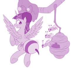 Size: 1000x940 | Tagged: safe, artist:dstears, twilight sparkle, alicorn, bee, flash bee, pony, a health of information, g4, clothes, costume, female, hive, looking back, mare, monochrome, smiling, twilight sparkle (alicorn)