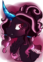 Size: 667x953 | Tagged: safe, artist:6-fingers-lover, oc, oc only, oc:pink penumbra, pony, unicorn, bust, crystal horn, horn, male, offspring, parent:king sombra, parent:tempest shadow, parents:sombrest, simple background, solo, stallion, transparent background