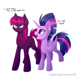 Size: 1024x1024 | Tagged: safe, artist:scarlet-spectrum, tempest shadow, twilight sparkle, alicorn, pony, unicorn, g4, my little pony: the movie, :t, alternate hairstyle, broken horn, colored pupils, cute, duo, eye scar, female, hairstyle swap, horn, looking up, mane swap, mare, mohawk, open mouth, scar, simple background, smiling, tempestbetes, transparent background, twiabetes, twilight sparkle (alicorn)