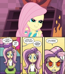 Size: 1786x2048 | Tagged: safe, edit, edited screencap, idw, screencap, fluttershy, human, a fine line, equestria girls, equestria girls series, g4, spoiler:comic, spoiler:comicholiday2014, angry, beware the quiet ones, comparison, continuity, crossing the memes, cute, destroy all enemies, evil grin, eye, eyes, female, fire, flame eyes, fluttershy's revenge, gamershy, grin, headcanon in the description, meme, pure unfiltered evil, shyabetes, smiling, this will end in tears, video game, wingding eyes
