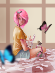 Size: 1500x2000 | Tagged: safe, artist:batonya12561, angel bunny, fluttershy, bird, butterfly, human, rabbit, g4, bed, female, headphones, humanized, pink hair, solo