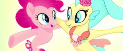 Size: 1920x804 | Tagged: safe, screencap, pinkie pie, princess skystar, earth pony, pony, seapony (g4), g4, my little pony: the movie, cropped, cute, diapinkes, dorsal fin, duo, female, fin, fin wings, fins, fish tail, flower, flower in hair, flowing mane, flowing tail, freckles, glowing, happy, jewelry, looking at each other, looking at someone, mare, necklace, ocean, one small thing, open mouth, open smile, pearl, pearl necklace, scales, seaponified, seapony pinkie pie, seaquestria, seashell, seashell necklace, smiling, smiling at each other, species swap, swimming, tail, that pony sure does love being a seapony, underwater, water, wings