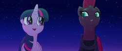 Size: 1920x804 | Tagged: safe, screencap, tempest shadow, twilight sparkle, alicorn, pony, unicorn, g4, my little pony: the movie, armor, broken horn, duo, eye scar, happy, horn, looking at each other, rainbow (song), scar, smiling, twilight sparkle (alicorn), when she smiles