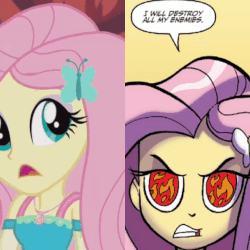 Size: 720x720 | Tagged: safe, edit, edited screencap, idw, screencap, fluttershy, human, a fine line, equestria girls, g4, my little pony equestria girls: better together, spoiler:comic, spoiler:comicholiday2014, angry, animated, beware the quiet ones, comparison, continuity, crossing the memes, cute, destroy all enemies, evil smile, eye, eyes, female, fire, flame eyes, fluttershy's revenge, grin, headcanon in the description, meme, pure unfiltered evil, shyabetes, smiling, this will end in tears, video game, wingding eyes