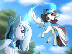 Size: 1280x960 | Tagged: safe, artist:brownie97, oc, oc only, oc:rocky harmony, oc:sugar lock, alicorn, pony, alicorn oc, commission, duo, female, flying, magic, mare