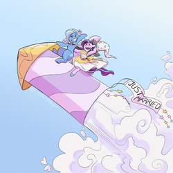 Size: 3000x3000 | Tagged: safe, artist:overlordneon, starlight glimmer, trixie, pony, unicorn, g4, clothes, dress, duo, female, flying, high res, lesbian, married, married couple, missing horn, rocket, ship:startrix, shipping, smiling, toy interpretation, trixie's rocket, wedding dress
