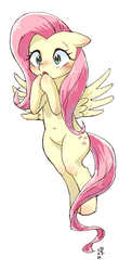 Size: 879x2004 | Tagged: safe, artist:yanamosuda, fluttershy, pegasus, pony, g4, belly button, blushing, female, flying, mare, simple background, solo, white background