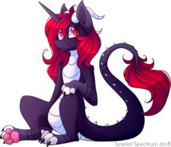 Size: 1024x878 | Tagged: safe, artist:scarlet-spectrum, oc, oc only, oc:scarlet spectrum, dracony, hybrid, pony, semi-anthro, curved horn, cute, fangs, female, horn, looking at you, mare, ocbetes, signature, simple background, sitting, smiling, solo, transparent background