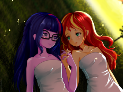 Size: 1200x900 | Tagged: safe, artist:electricshine, sci-twi, sunset shimmer, twilight sparkle, equestria girls, g4, clothes, cute, dress, duo, female, glasses, grass, holding hands, lesbian, looking at each other, lying down, naked towel, ship:sci-twishimmer, ship:sunsetsparkle, shipping, smiling, towel