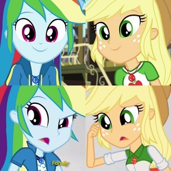 Size: 2048x2048 | Tagged: safe, screencap, applejack, rainbow dash, equestria girls, equestria girls specials, fluttershy's butterflies, g4, my little pony equestria girls: better together, my little pony equestria girls: mirror magic, comparison, cute, dashabetes, discovery family logo, female, geode of super speed, geode of super strength, high res, jackabetes, magical geodes