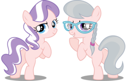 Size: 4032x2602 | Tagged: safe, artist:leopurofriki, edit, edited edit, editor:slayerbvc, vector edit, diamond tiara, silver spoon, earth pony, pony, g4, butt, diamond buttiara, female, filly, furless, furless edit, glasses, missing accessory, nude edit, nudity, plot, rearing, shaved, silverbutt, simple background, smiling, transparent background, vector