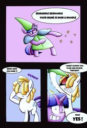 Size: 2198x3230 | Tagged: safe, artist:mustachedbain, rarity, twilight sparkle, pony, unicorn, g4, angry, comic, dialogue, female, grin, hat, high res, mare, meme, rarity is not amused, skidaddle skidoodle, smiling, spell, spell gone wrong, this will end in pain, unamused, wizard robe