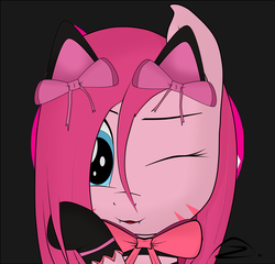 Size: 2600x2500 | Tagged: safe, artist:zalgojack, pinkie pie, pony, g4, :3, crossover, cute, d.va, female, high res, latin american, melissa gedeón, overwatch, p.nkie, simple background, solo, voice actor joke, whisker markings
