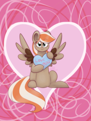 Size: 400x533 | Tagged: safe, artist:itssopanda, oc, oc only, oc:caramel chip, pegasus, pony, female, holiday, mare, sitting, solo, valentine, valentine's day