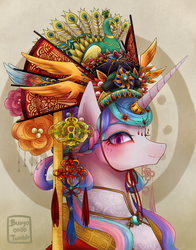 Size: 1500x1913 | Tagged: safe, artist:buryooooo, princess celestia, alicorn, bird, peacock, pony, g4, alternate hairstyle, chinese, chinese new year, clothes, eyeshadow, female, jewelry, looking at you, makeup, mare, smiling, solo
