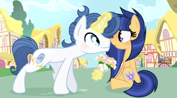 Size: 1187x655 | Tagged: safe, artist:velveagicsentryyt, oc, oc only, oc:spectrum night, oc:velvet sentry, pony, unicorn, bouquet, female, magic, male, mare, oc x oc, offspring, offspring shipping, parent:flash sentry, parent:rarity, parent:soarin', parent:twilight sparkle, parents:flashlight, parents:soarity, shipping, straight