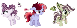 Size: 1994x744 | Tagged: safe, artist:6-fingers-lover, oc, oc:cherry berry pie, oc:olive oil, oc:star dust, earth pony, pony, unicorn, female, filly, magical lesbian spawn, offspring, parent:applejack, parent:pinkie pie, parent:rainbow dash, parent:sugar belle, parent:trouble shoes, parent:twilight sparkle, parents:sugarpie, parents:troublejack, parents:twidash, simple background, transparent background