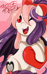 Size: 1815x2852 | Tagged: safe, artist:xwhitedreamsx, oc, oc only, oc:sweet velvet, bat pony, pony, bat pony oc, bow, fangs, female, hair bow, heart, holiday, mare, one eye closed, open mouth, smiling, solo, valentine's day, wink