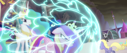 Size: 1920x804 | Tagged: safe, screencap, princess cadance, princess celestia, princess luna, alicorn, earth pony, pony, g4, my little pony: the movie, angry, background pony, butt, canterlot, crown, determined, force field, glowing horn, heart, horn, jewelry, magic, magic aura, magic bubble, plot, regalia, shield, sparkles, storm guard, surprised, unnamed character, unnamed pony