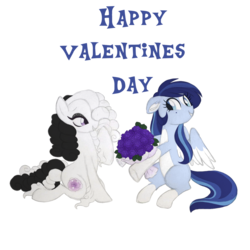 Size: 1024x1024 | Tagged: safe, artist:azure-art-wave, oc, oc only, oc:azure, oc:rose, pegasus, pony, bouquet, female, flower, hair over one eye, holiday, lesbian, mare, oc x oc, shipping, simple background, smiling, transparent background, valentine's day