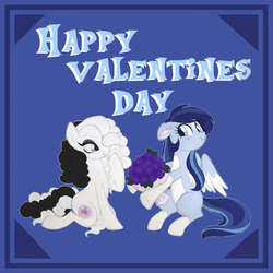 Size: 1024x1024 | Tagged: safe, artist:azure-art-wave, oc, oc only, oc:azure, oc:rose, pegasus, pony, bouquet, colored wings, female, flower, hair over one eye, holiday, lesbian, mare, multicolored wings, oc x oc, shipping, simple background, smiling, transparent background, valentine, valentine's day, white outline