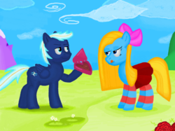 Size: 1233x920 | Tagged: safe, artist:lukington17, derpibooru exclusive, oc, oc:cuteamena, oc:electric blue, pegasus, pony, 1000 hours in ms paint, bedroom eyes, bow, chocolate, clothes, couple, cutie mark, electricute, female, flower, food, grass, heart, holiday, kitchen eyes, licking, licking lips, male, oc x oc, rose, shipping, skirt, socks, striped socks, tongue out, valentine's day