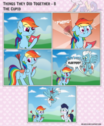 Size: 1600x1940 | Tagged: safe, artist:helmie-art, fleetfoot, rainbow dash, soarin', pegasus, pony, comic:things they did together, g4, arrow, bow (weapon), bow and arrow, butt, comic, cupid, cute, dashabetes, dialogue, female, fleetfoot the shipper, flying, holiday, laughing, looking at each other, male, mare, multicolored hair, plot, rainbutt dash, ship:soarindash, shipper on deck, shipping, smiling, speech bubble, stallion, straight, suction cup, sunburst background, valentine's day, weapon