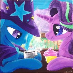 Size: 1901x1909 | Tagged: safe, artist:colorsceempainting, starlight glimmer, trixie, pony, unicorn, g4, acrylic painting, canvas, cape, clothes, coffee, cup, cupcake, drink, duo, female, food, hat, looking down, mare, painting, sitting, traditional art, trixie's cape, trixie's hat