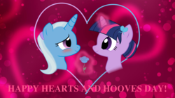 Size: 3840x2160 | Tagged: safe, artist:themexicanpunisher, trixie, twilight sparkle, pony, unicorn, g4, alternate hairstyle, blushing, female, flower, hair bun, heart, high res, holiday, lesbian, looking at each other, mare, ship:twixie, shipping, smiling, valentine's day
