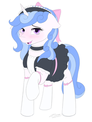 Size: 1024x1365 | Tagged: safe, artist:novaintellus, oc, oc only, oc:melodia, pony, unicorn, blushing, clothes, cute, female, floppy ears, looking at you, maid, mare, ocbetes, raised hoof, simple background, smiling, socks, solo, stockings, thigh highs