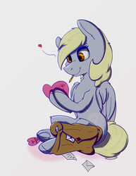 Size: 2975x3850 | Tagged: safe, artist:lula-moonarts, derpy hooves, pegasus, pony, g4, female, high res, holiday, mail, mailbag, mailmare, mare, mouth hold, pencil, simple background, smiling, solo, valentine's day, white background, writing