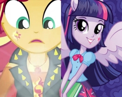 Size: 2560x2048 | Tagged: safe, screencap, sunset shimmer, twilight sparkle, equestria girls, equestria girls series, forgotten friendship, g4, alternative cutie mark placement, box art, comparison, eqg promo pose set, equestria girls plus, equestria girls prototype, facial cutie mark, female, geode of empathy, high res, stock vector