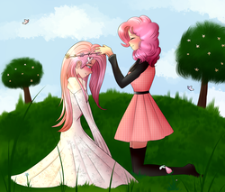 Size: 2000x1700 | Tagged: safe, artist:rmariansj, fluttershy, pinkie pie, butterfly, human, g4, blushing, clothes, cloud, cute, dress, eyes closed, female, floral head wreath, flower, grass, humanized, lesbian, ship:flutterpie, shipping, sky, smiling, tree