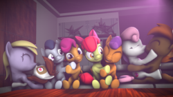 Size: 3840x2160 | Tagged: dead source, safe, alternate version, artist:viranimation, apple bloom, button mash, dinky hooves, pipsqueak, rumble, scootaloo, sweetie belle, tender taps, earth pony, pegasus, pony, unicorn, g4, 3d, colt, eyes closed, female, filly, foal, heart eyes, hearts and hooves day, high res, male, ship:dinkysqueak, ship:rumbloo, ship:sweetiemash, shipping, source filmmaker, straight, tenderbloom, wingding eyes