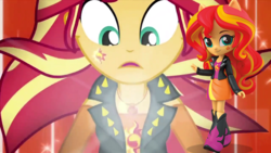Size: 1967x1106 | Tagged: safe, screencap, sunset shimmer, equestria girls, equestria girls series, forgotten friendship, g4, alternative cutie mark placement, boot, clothes, comparison, cute, doll, equestria girls minis, facial cutie mark, female, geode of empathy, jacket, leather jacket, ponied up, shimmerbetes, skirt, toy
