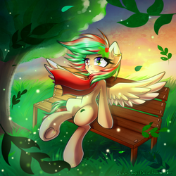 Size: 2000x2000 | Tagged: safe, artist:chaosangeldesu, oc, oc only, oc:amber (doctorcongoalt), pegasus, pony, bench, clothes, ear piercing, female, heterochromia, high res, leaves, mare, piercing, scarf, sitting, solo, spread wings, tree, windswept mane, wings