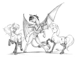 Size: 1400x1065 | Tagged: safe, artist:baron engel, oc, oc only, oc:carousel, oc:petina, oc:silhouette, oc:silhouette umbrawing, bat pony, earth pony, pony, unicorn, bat pony oc, clothes, dancing, eyes closed, female, grayscale, latex, latex socks, male, mare, monochrome, pencil drawing, rearing, simple background, sketch, smiling, socks, stallion, traditional art, white background
